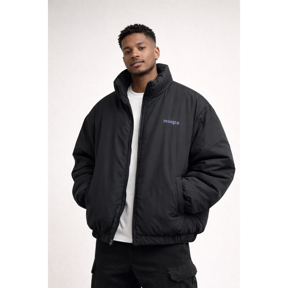 Mens Youngla Black Puffer Coat Sz XXL Oversized Streetwear Full Zip Insulated